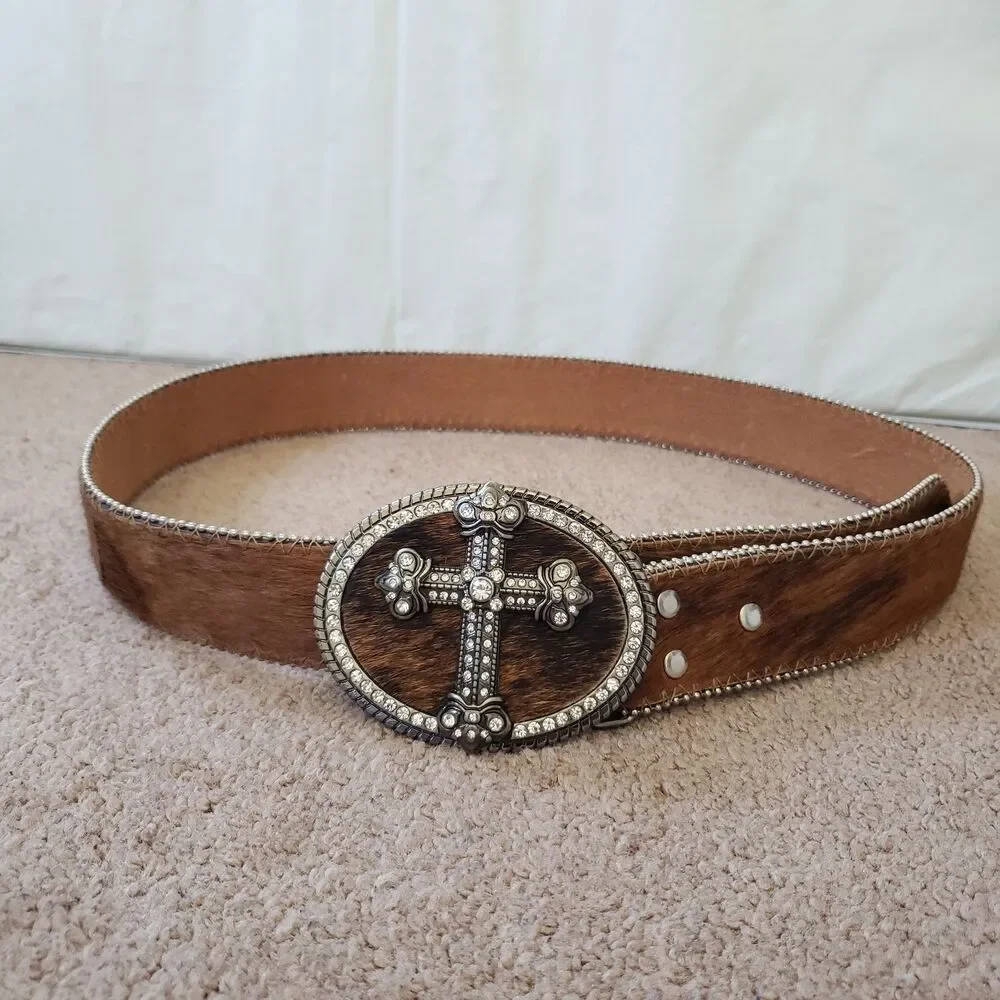 Calf Hair Leather Belt Studded Rhinestone Cross Buckle Studded Brown Size Med